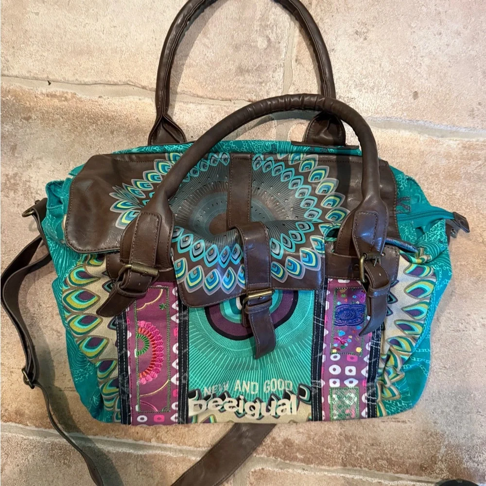 Desigual boho Teal and Brown Patterned Satchel New and Good words on front - Picture 2 of 5